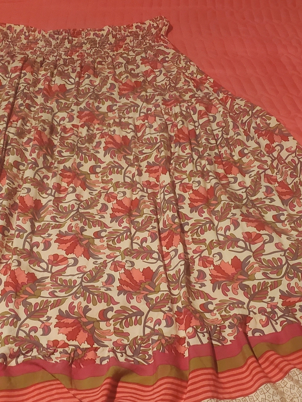 Floral Coral and Cream Cotton Bed Skirt